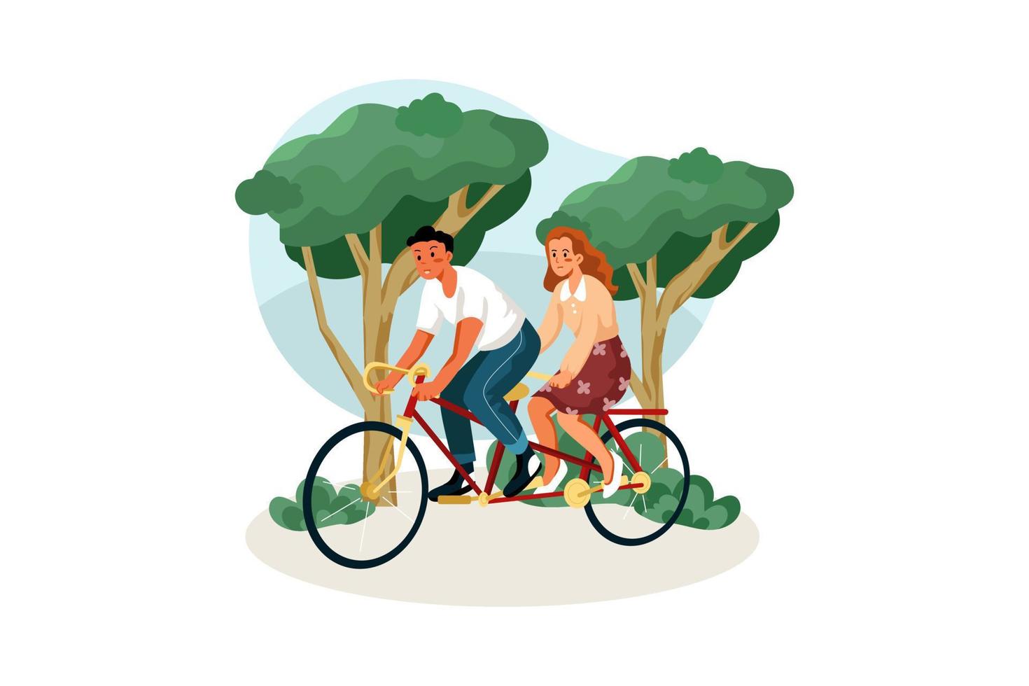 Couple cycling on a double bike in the park vector