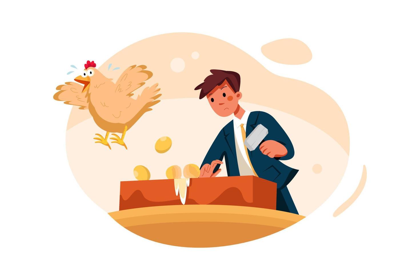 hombre de negocios rompiendo el huevo de oro y la gallina voladora vector