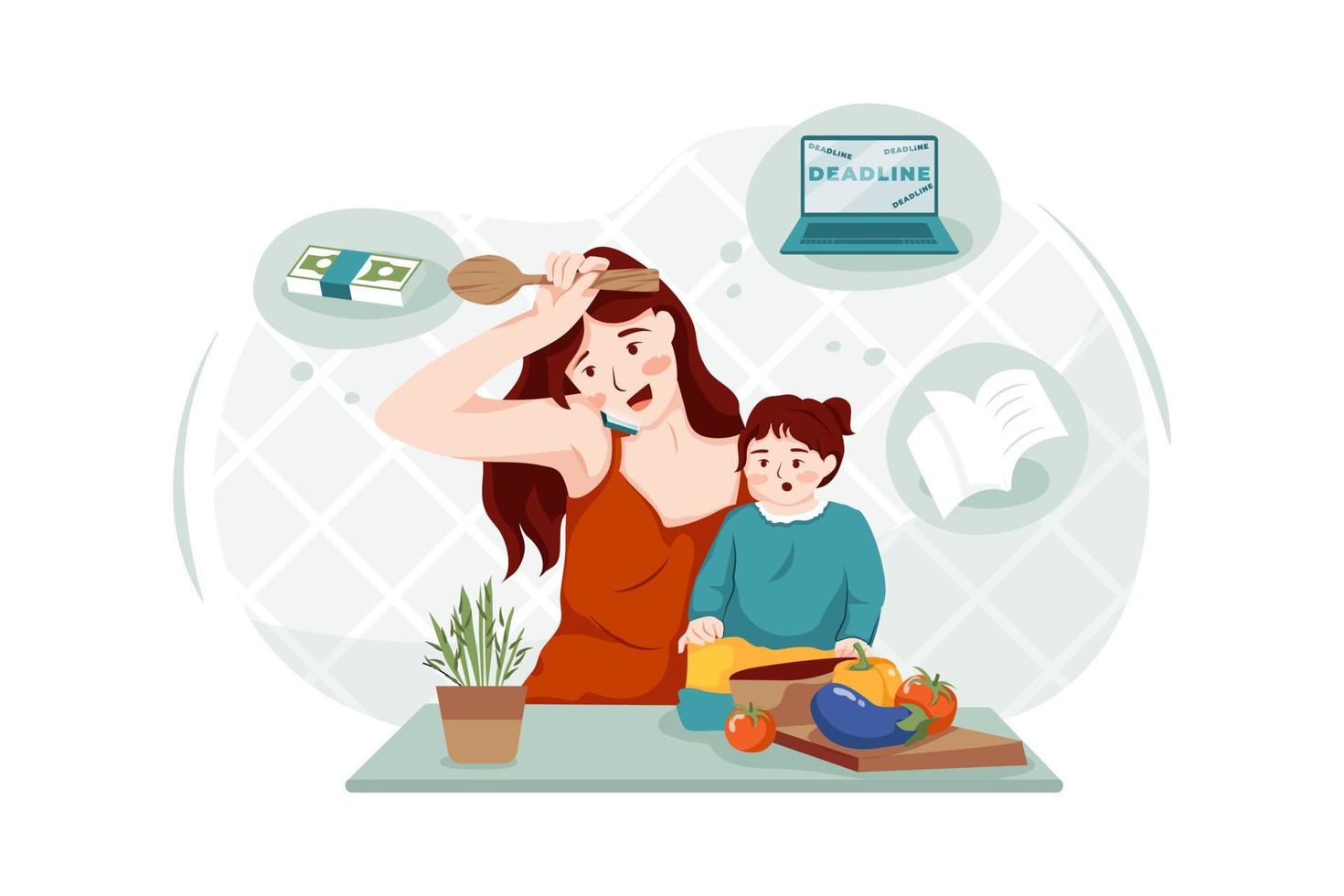 The mother is cooking while listening to the phone beside her baby vector