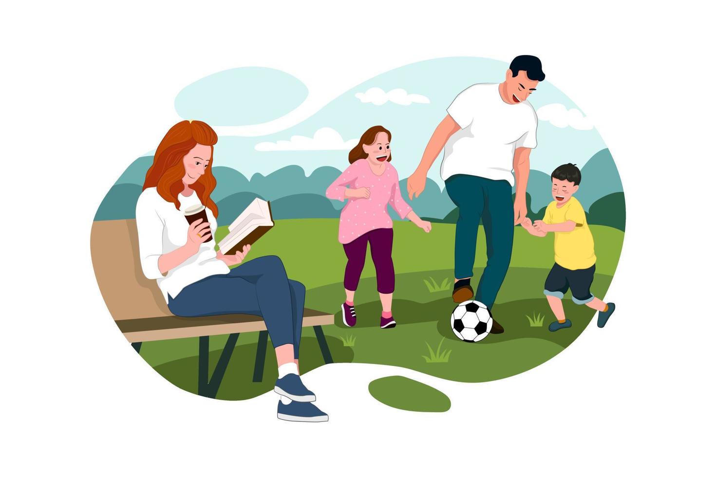 Family Outdoors Activities. Mother Reading Book, Father Playing with Children. Kids Spending Time Along in Park. vector