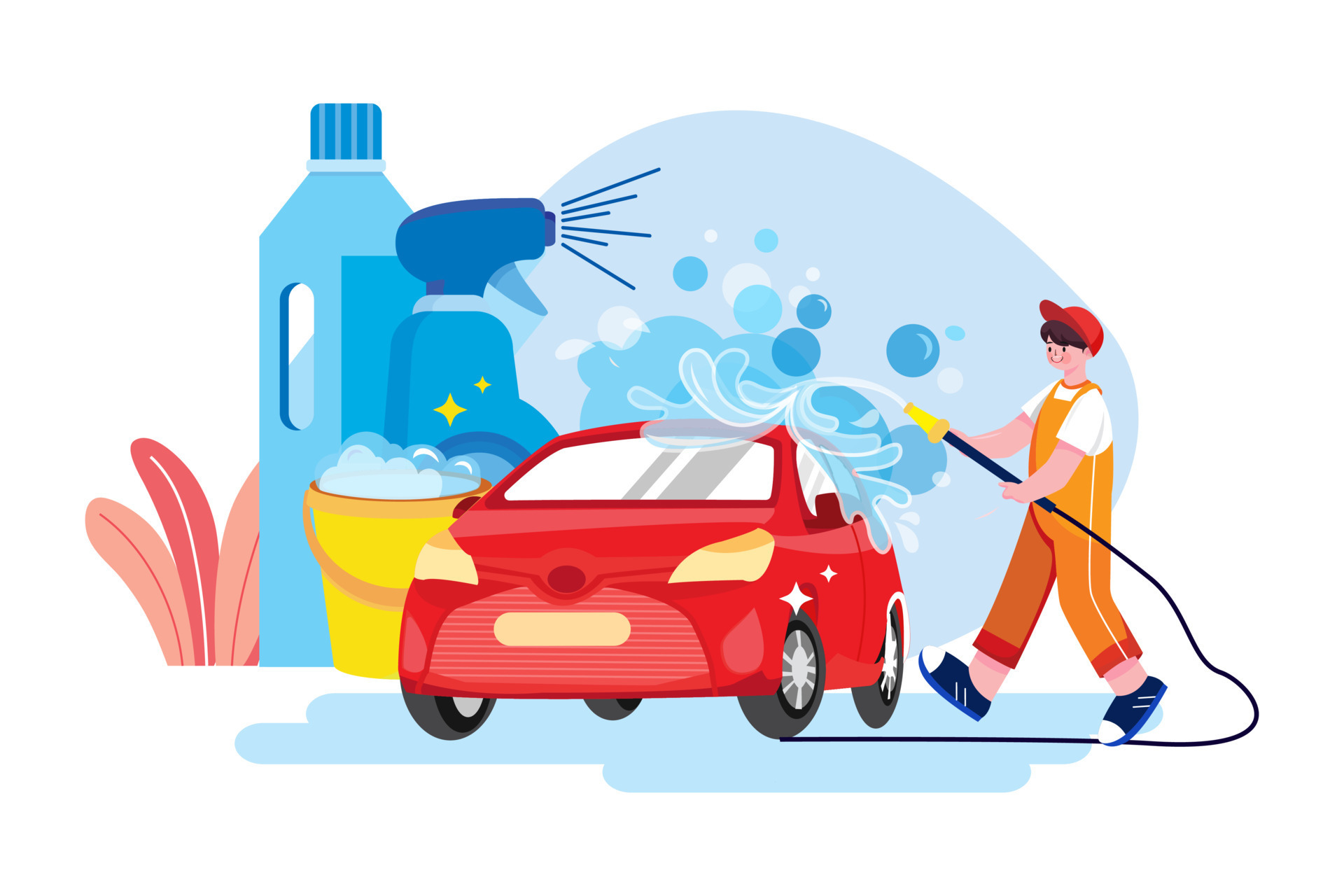 Man foam car wash concept background flat style Vector Image