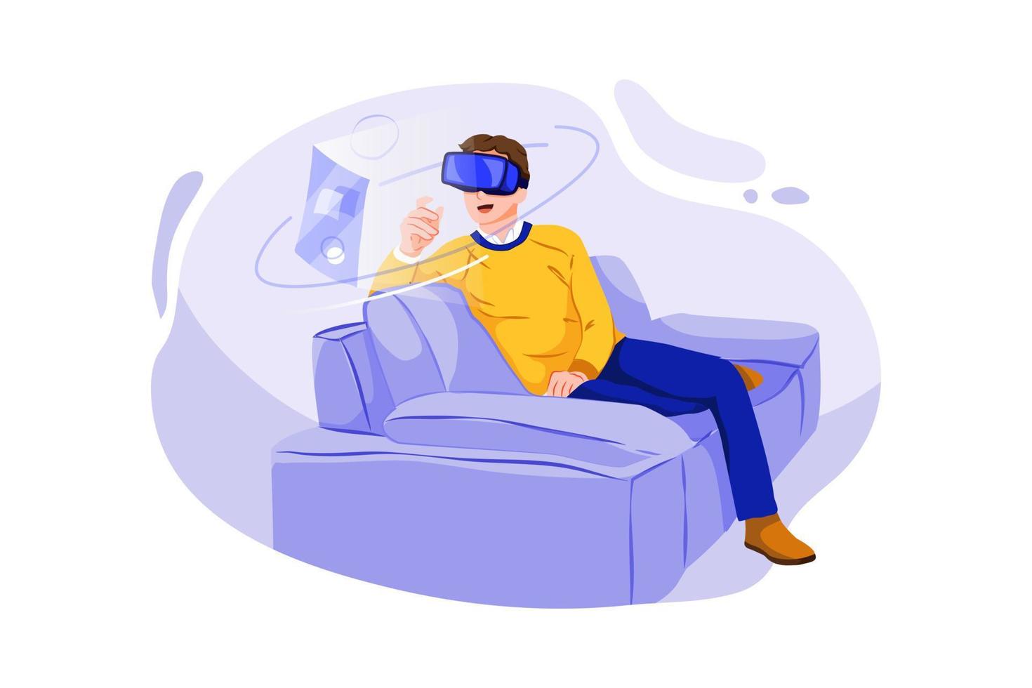 Man using leisure time enjoying wearing VR glasses vector