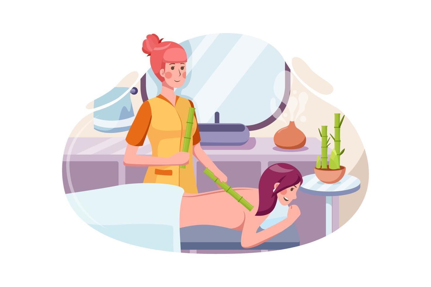 Woman having an anti-stress massage with bamboo sticks. vector