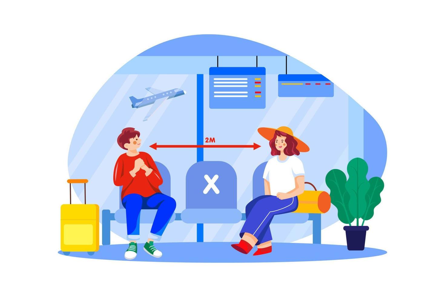 distanciamiento social en el concepto de ilustración del aeropuerto vector