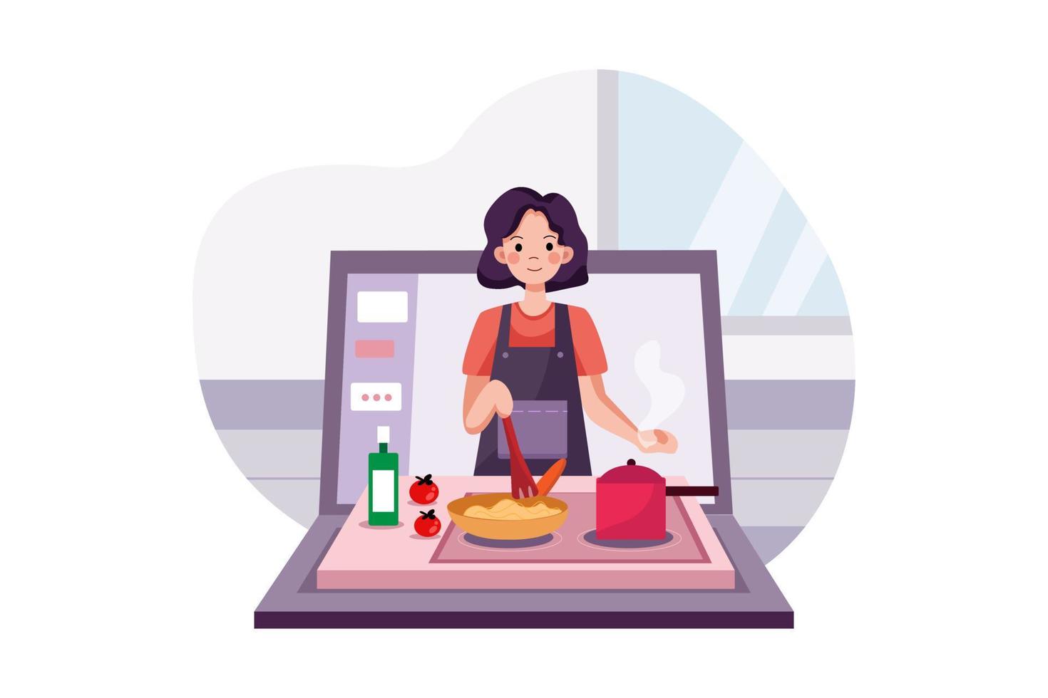 curso online con una chica cocinando vector