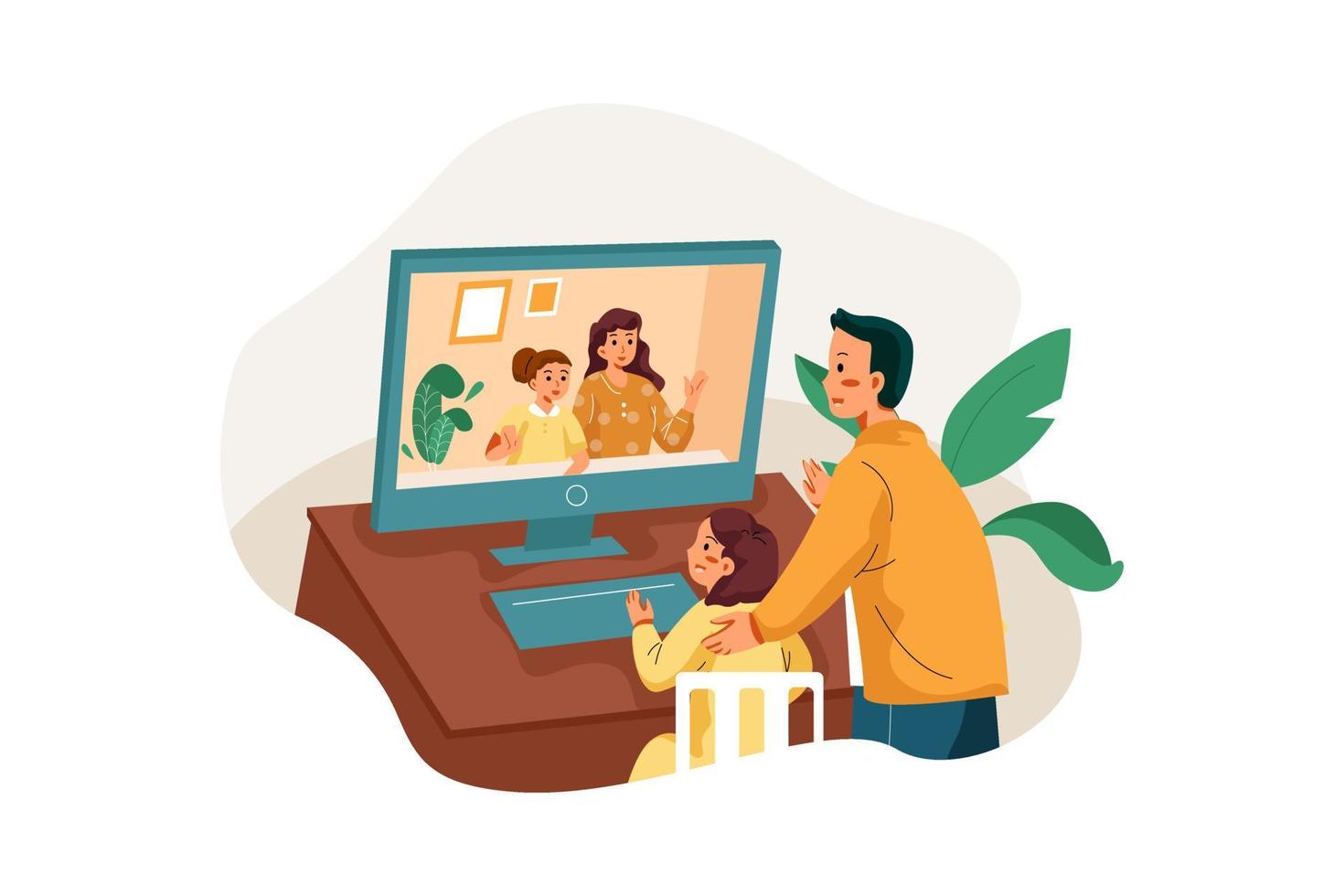 Father and his girl video calling a family member vector