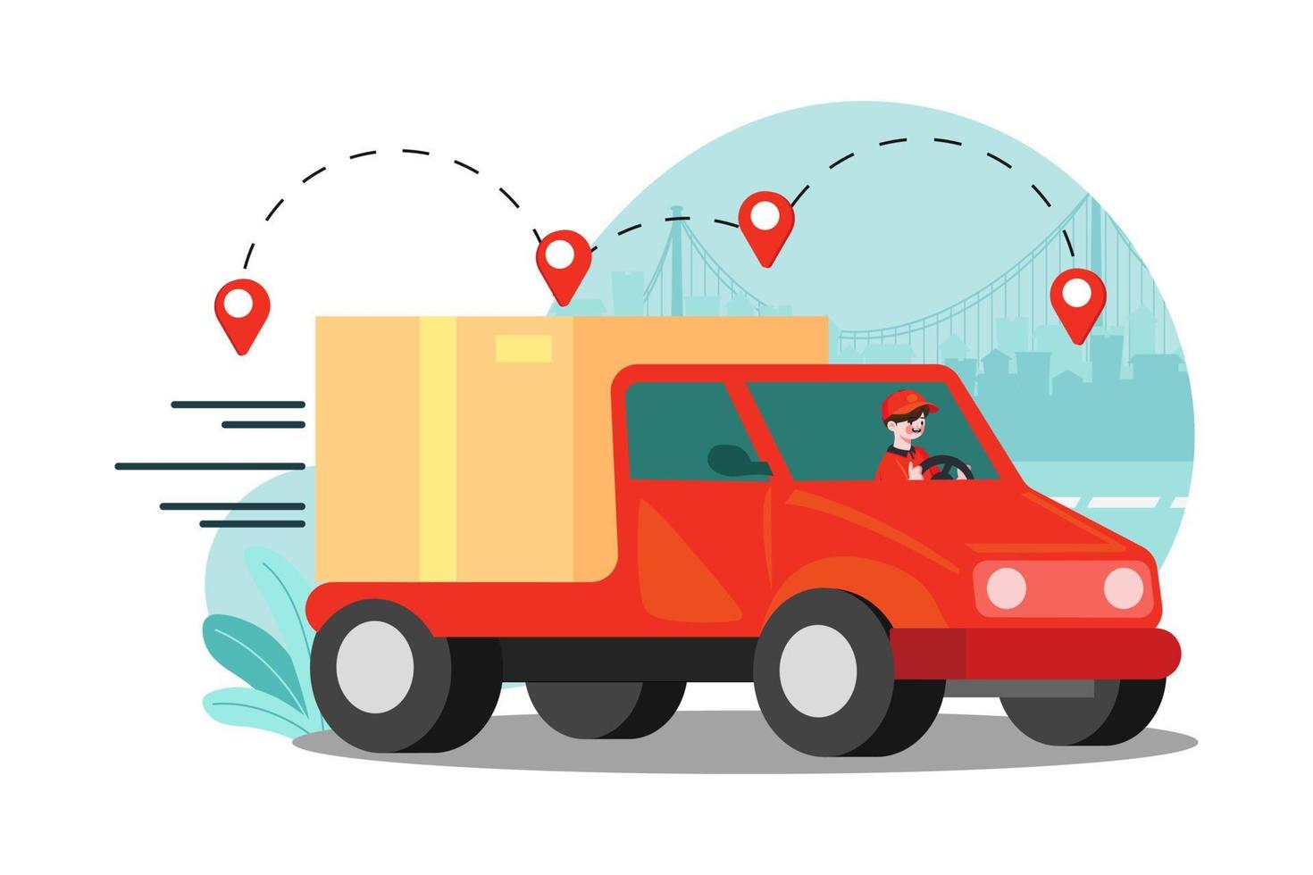 Delivery truck with man is carrying parcels on points vector