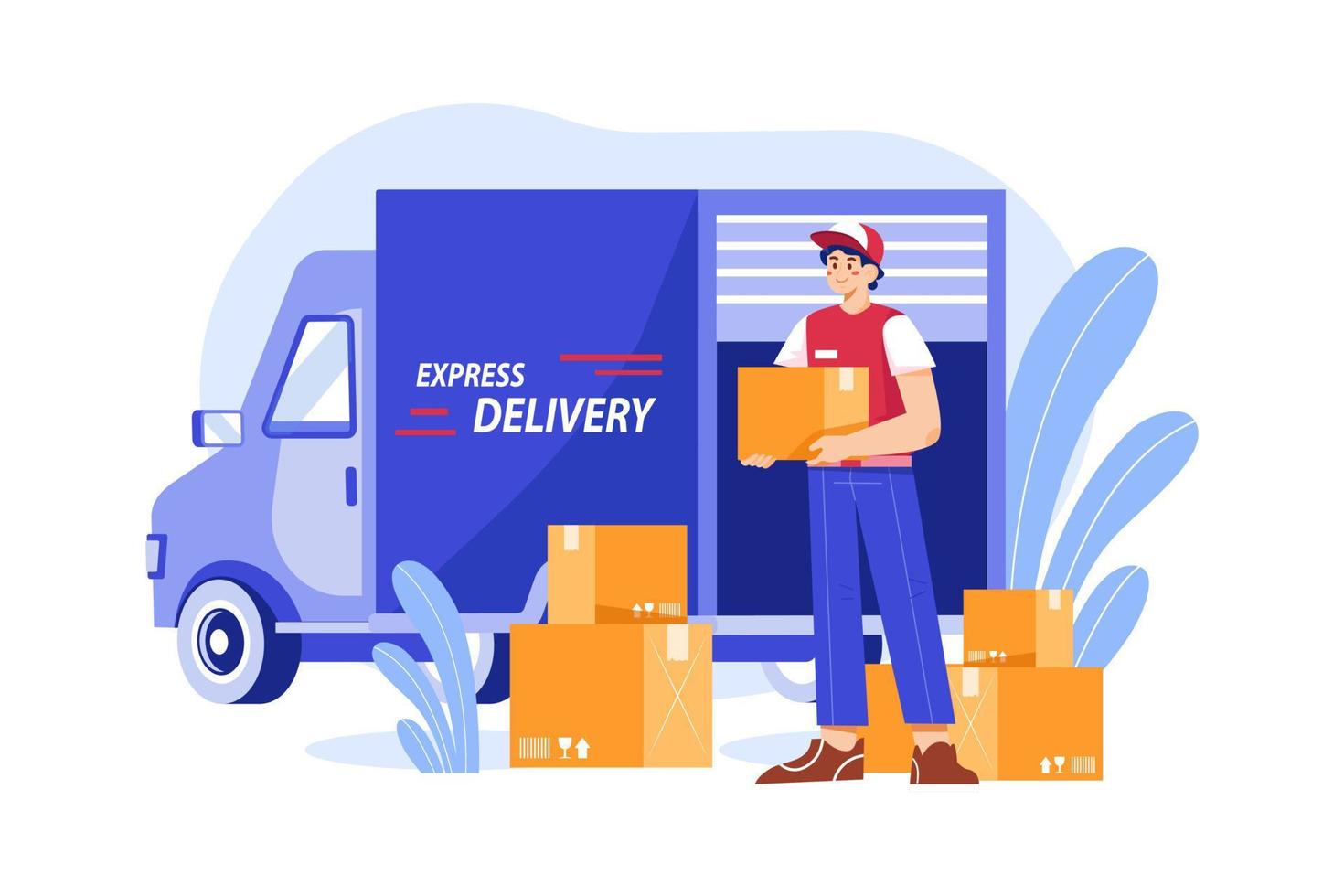 Delivery truck with man is carrying parcels on points 7784633 Vector ...