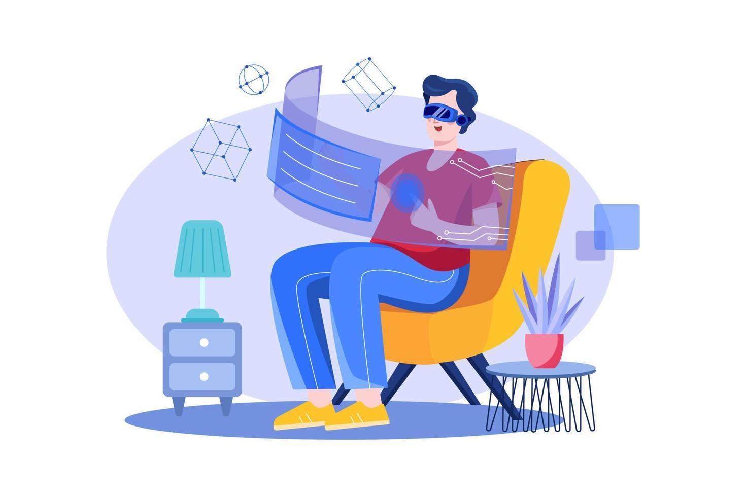 Man using leisure time enjoying wearing VR glasses vector