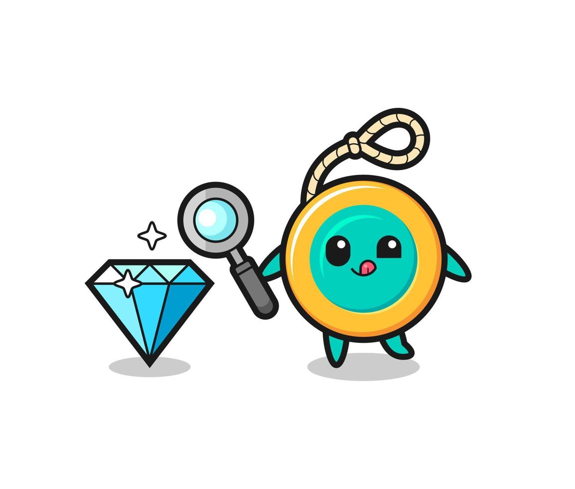 yoyo mascot is checking the authenticity of a diamond vector