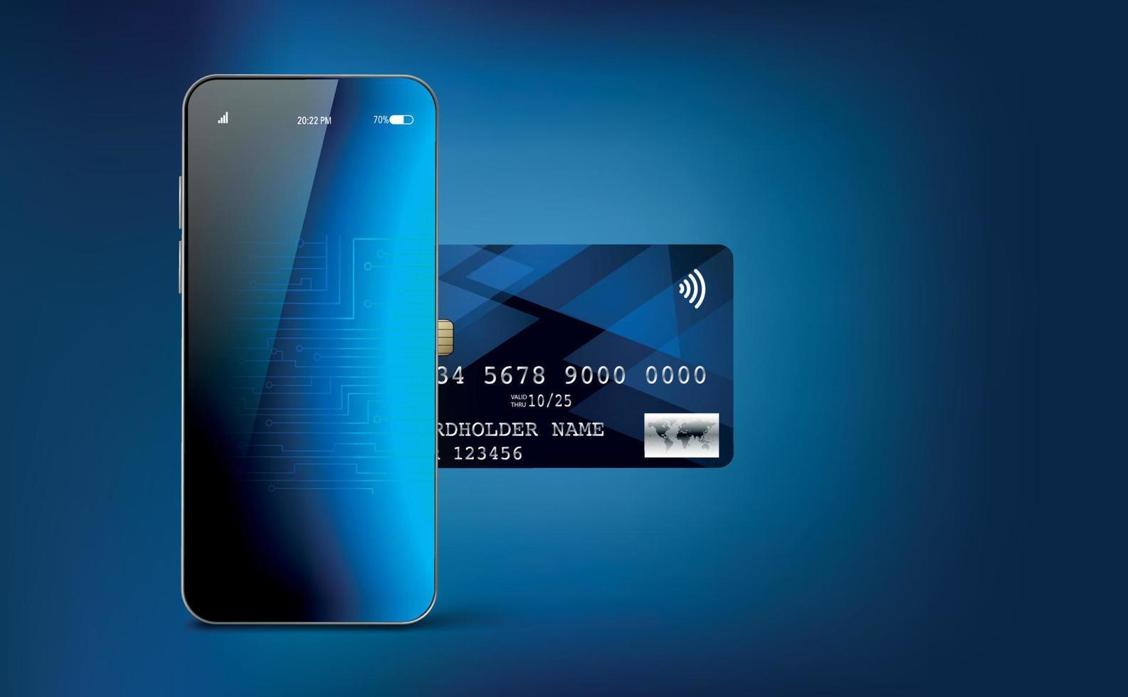 Bank digital credit card concept with mobile phone, blue gradient background. Vector illustration