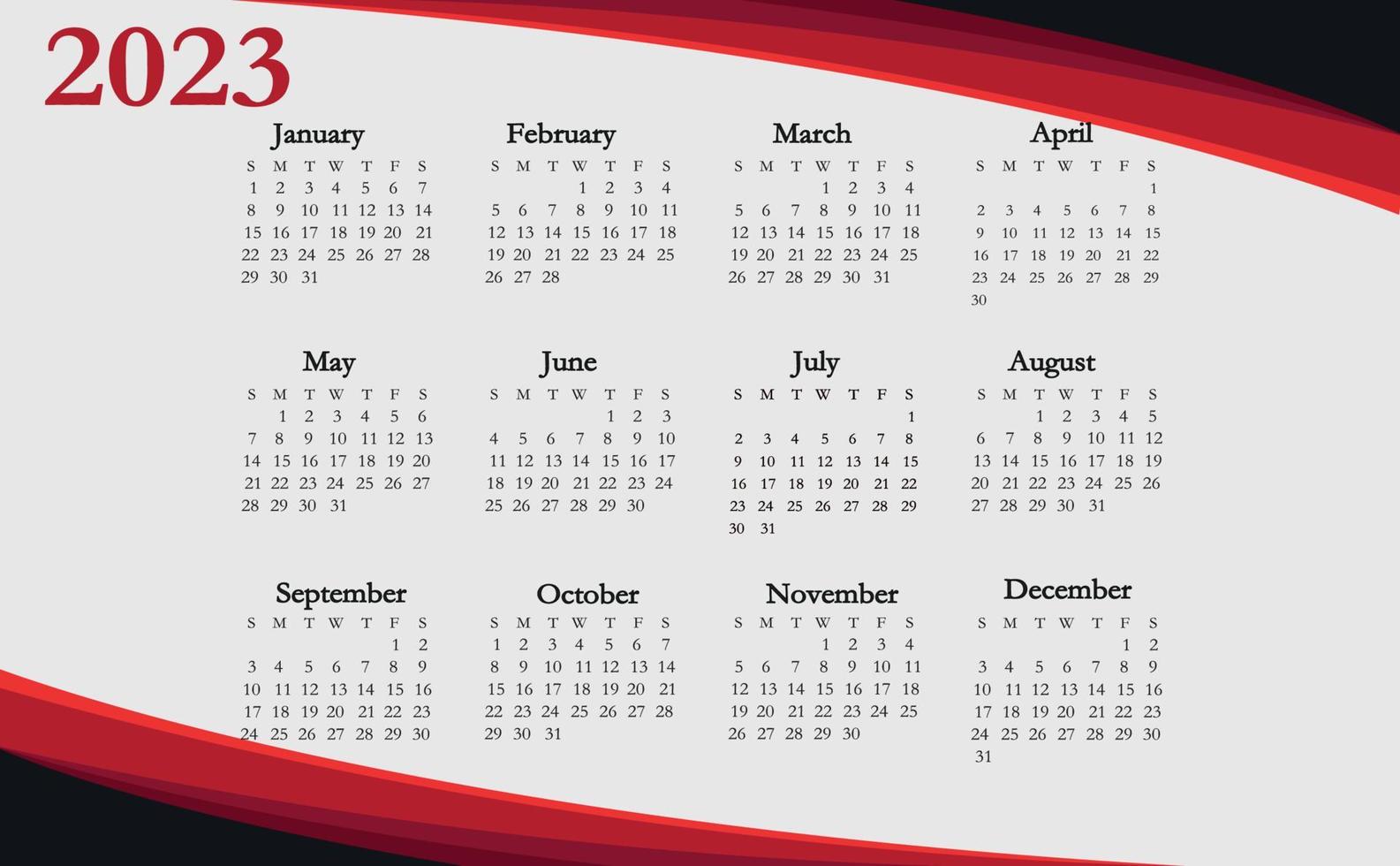 2023, Calendar for the year with months, weeks, days, weekends and