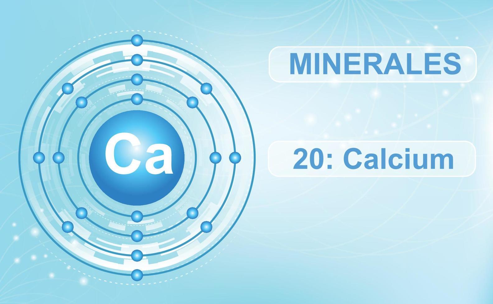 esquema electrónico de la cáscara del mineral y el macroelemento ca, calcio, el vigésimo elemento de la tabla periódica de elementos. fondo degradado azul plano abstracto. cartel de información vector