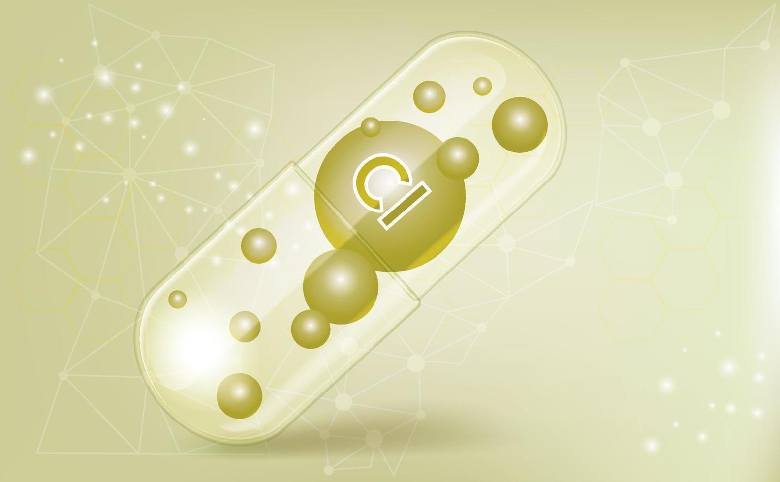 Minerals CL, Chlorum, vitamin inside a translucent capsule, macronutrient, dietary supplement on a green gradient background, medical information poster. Vector illustration