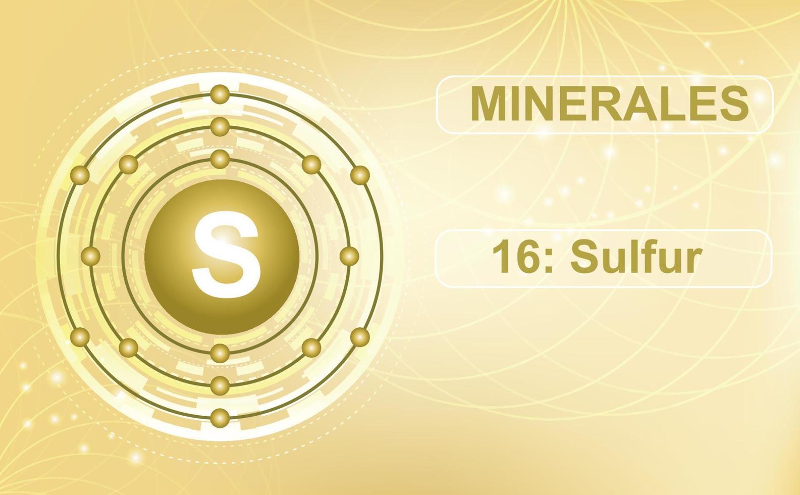 Electron shell diagram for the mineral and macroelement S, sulfur, the 16th element of the periodic table of elements. Abstract green background. Information poster. Vector illustration