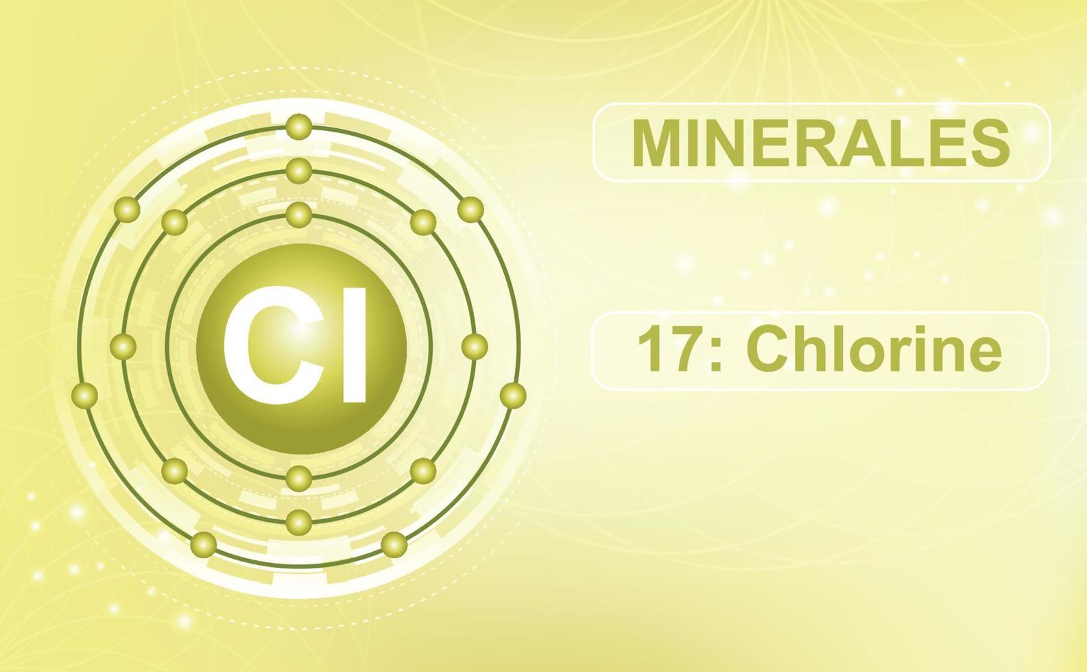 diagrama de capa electrónica del mineral y macroelemento cl, cloro, el elemento 17 de la tabla periódica de elementos. fondo verde parduzco abstracto. cartel de información ilustración vectorial vector