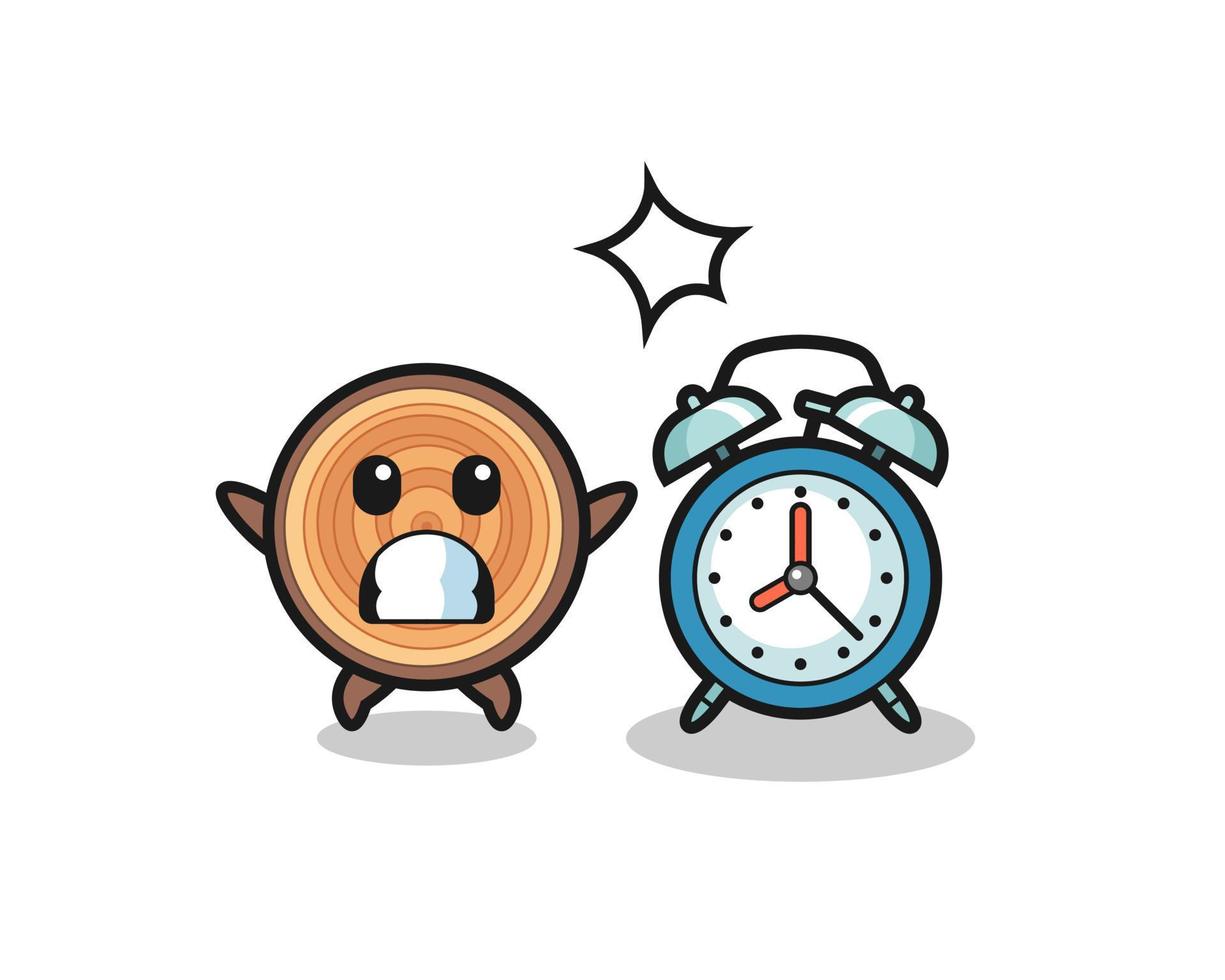 Cartoon Illustration of wood grain is surprised with a giant alarm clock vector