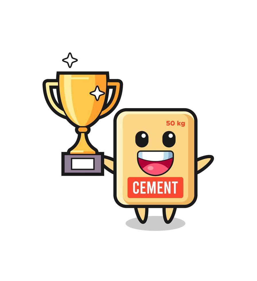 Cartoon Illustration of cement sack is happy holding up the golden trophy vector