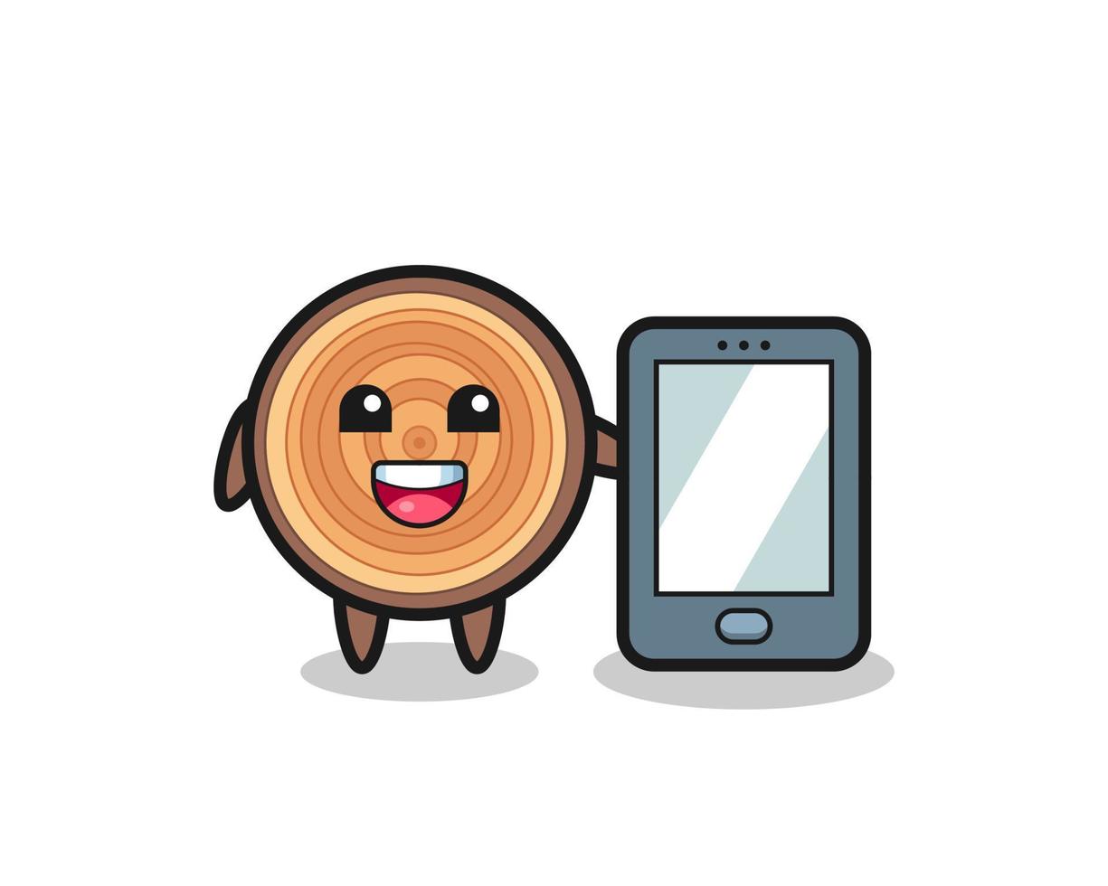 wood grain illustration cartoon holding a smartphone vector