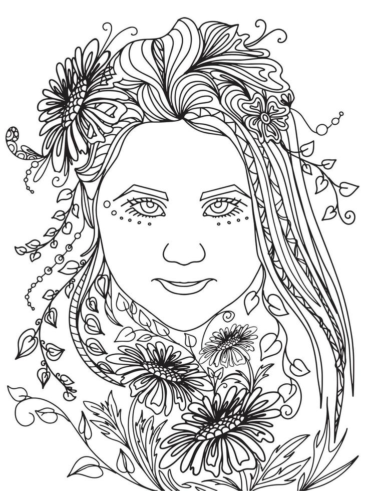 niña elfa en plantas y flores, niña mística princesa lea libro para colorear vector