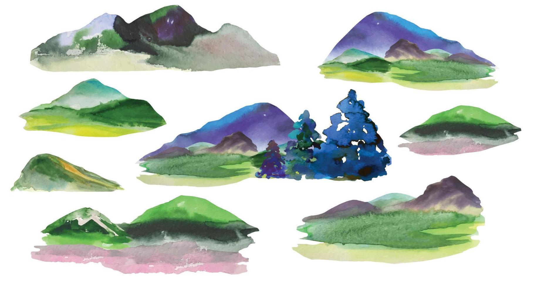 mountains and hills watercolor drawing, abstract natural background vector