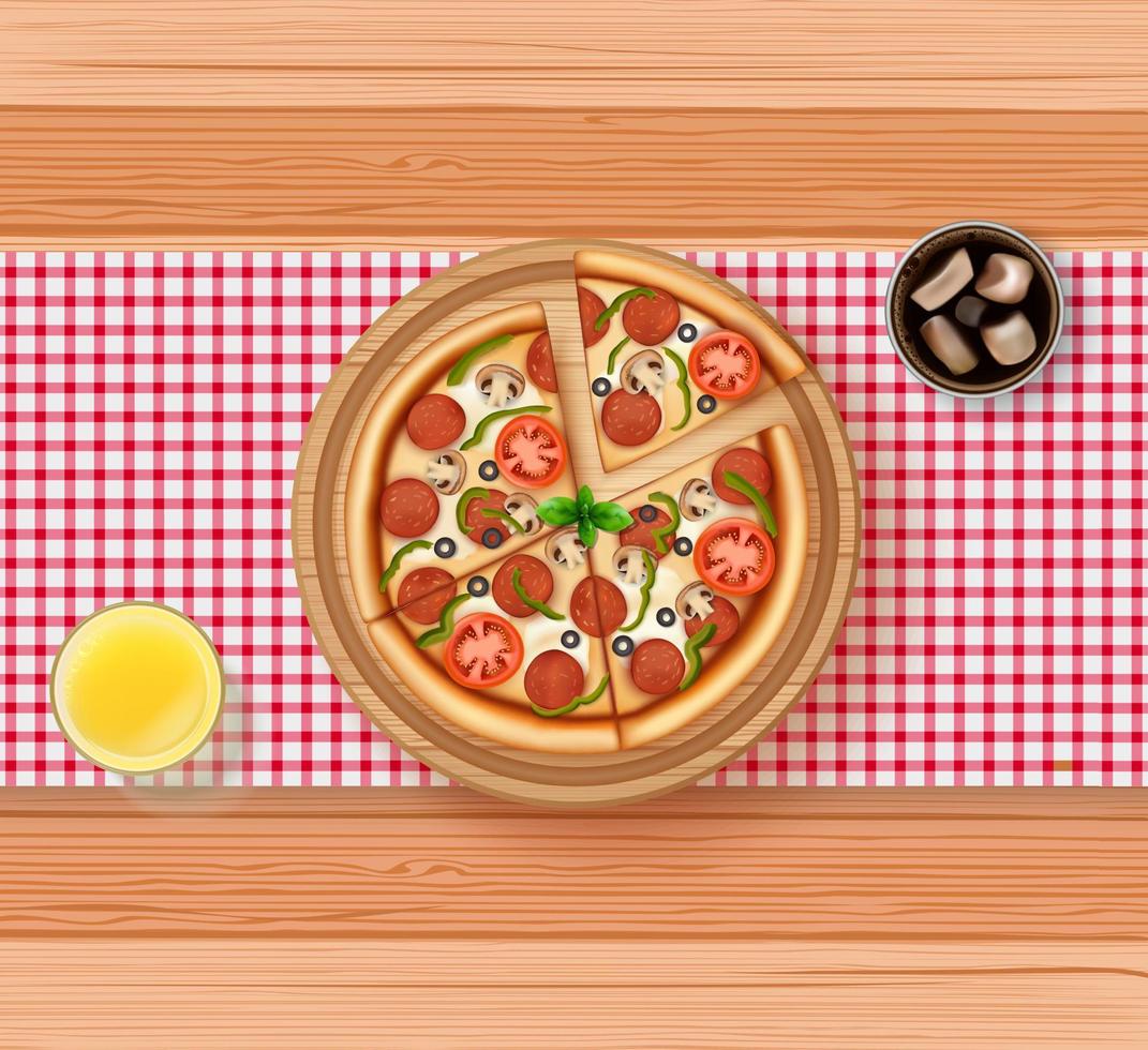 Pizza slice on wooden table vector