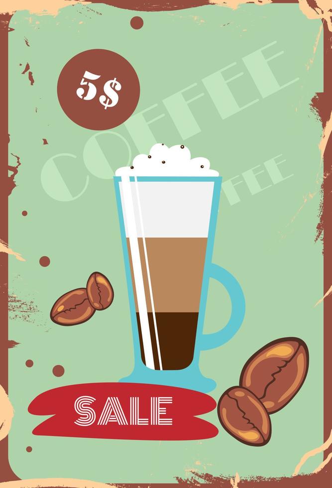 Cup of coffee retro banner or poster for your cafe. Can be used as a coffee discount flyer. Vintage background. Vector illustration.