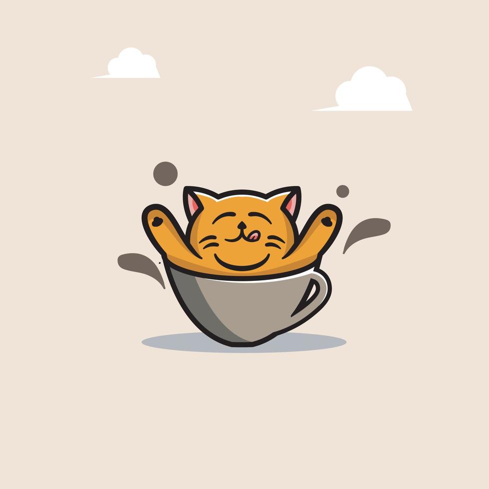 Cute cat in coffee cup cartoon icon illustration vector