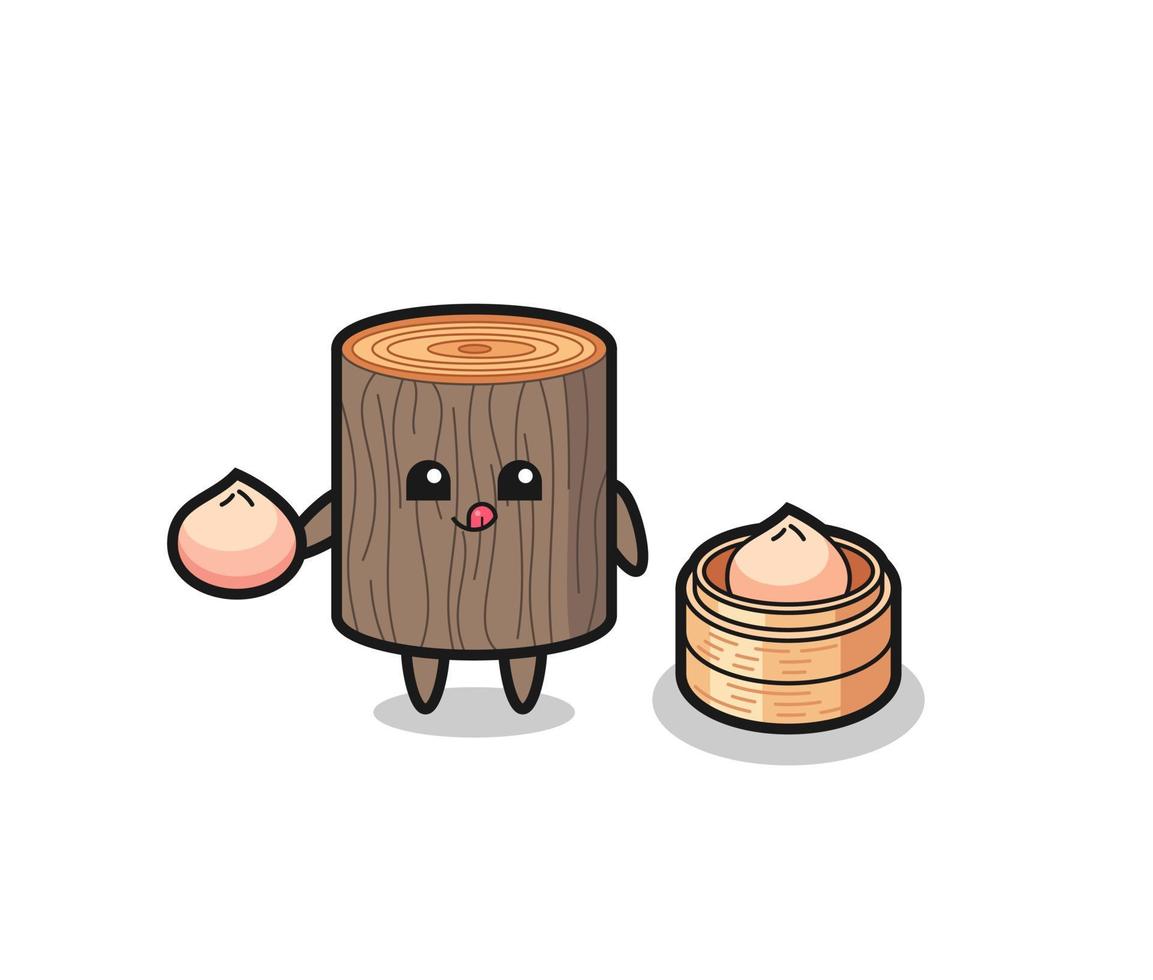 cute tree stump character eating steamed buns vector