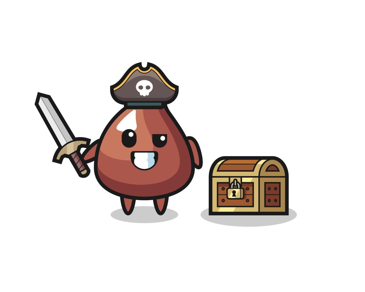 the choco chip pirate character holding sword beside a treasure box vector