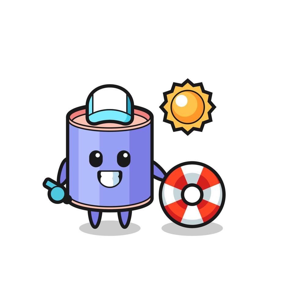 Cartoon mascot of cylinder piggy bank as a beach guard vector