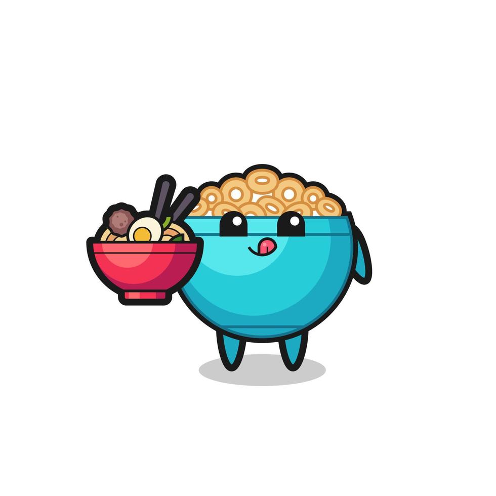 lindo personaje de tazón de cereal comiendo fideos vector