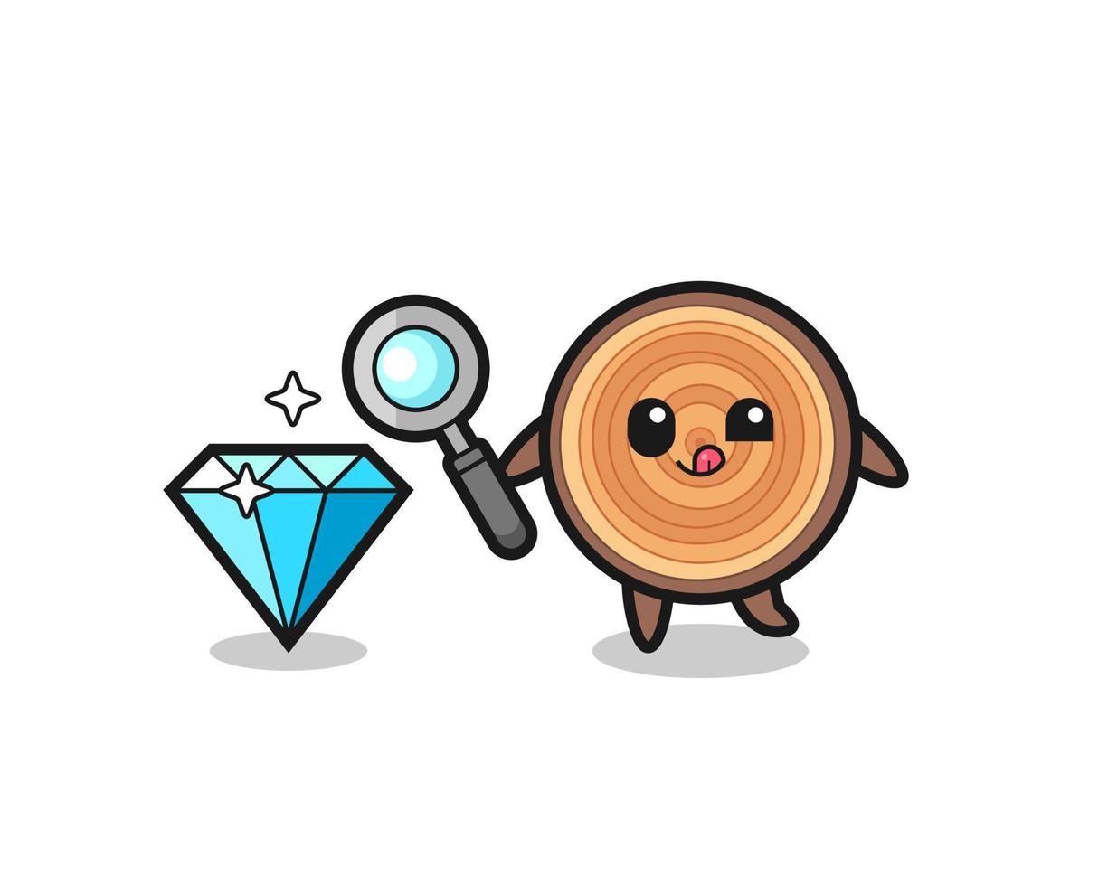 wood grain mascot is checking the authenticity of a diamond vector