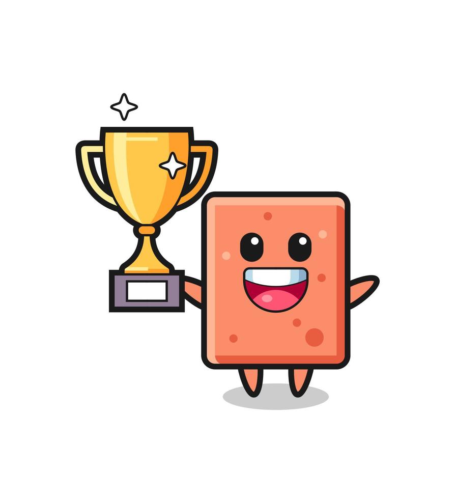 Cartoon Illustration of brick is happy holding up the golden trophy vector