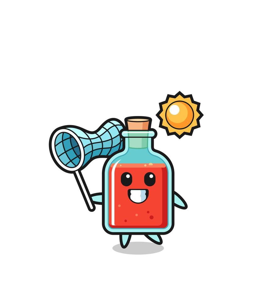 square poison bottle mascot illustration is catching butterfly vector