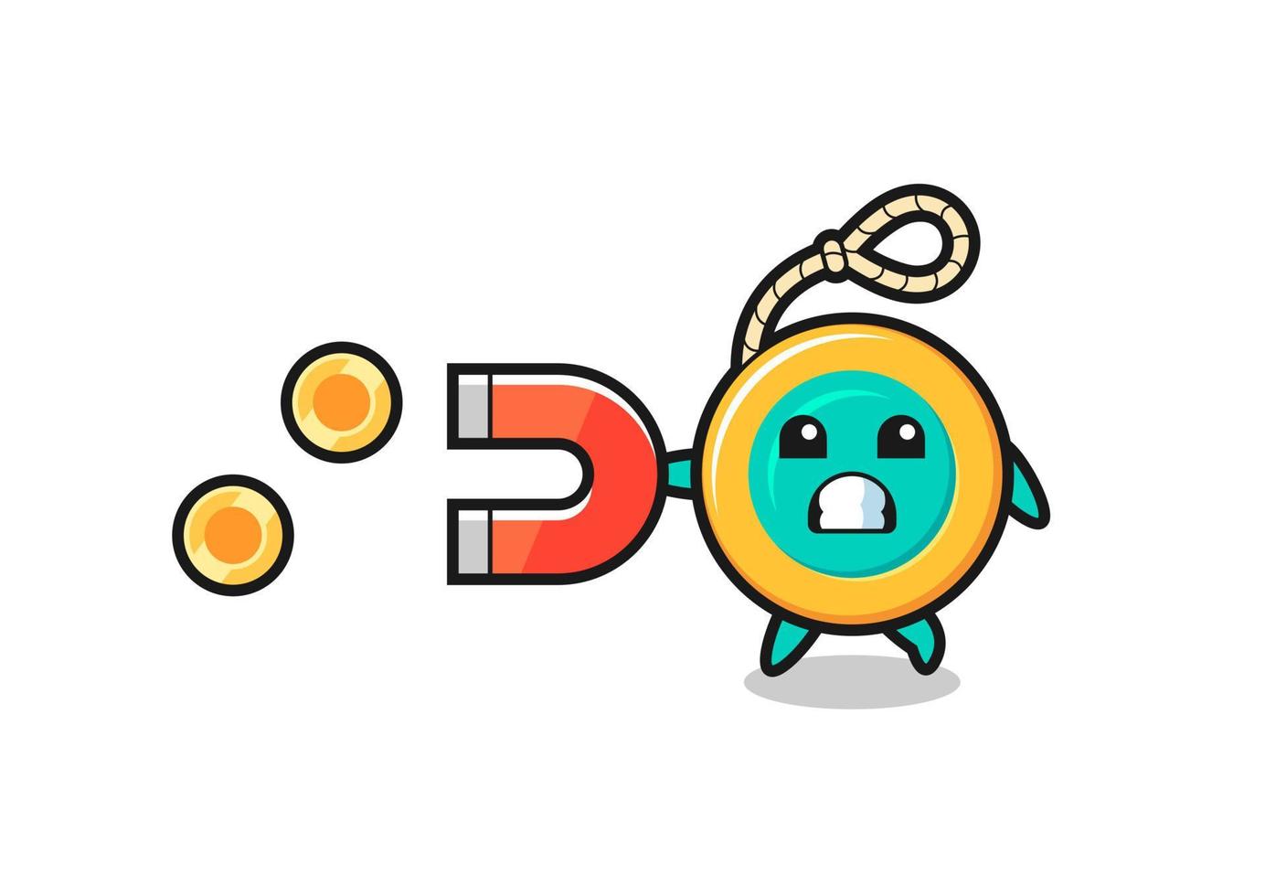 the character of yoyo hold a magnet to catch the gold coins vector