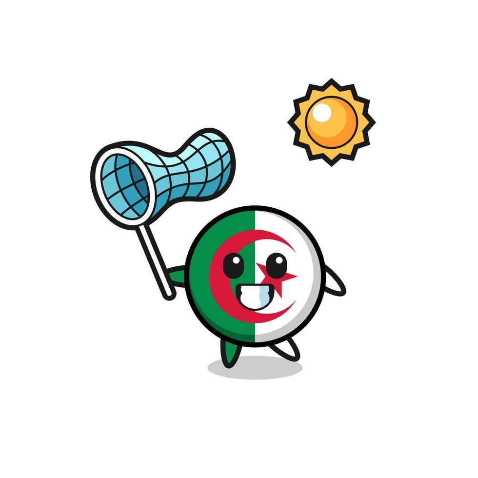 algeria flag mascot illustration is catching butterfly vector