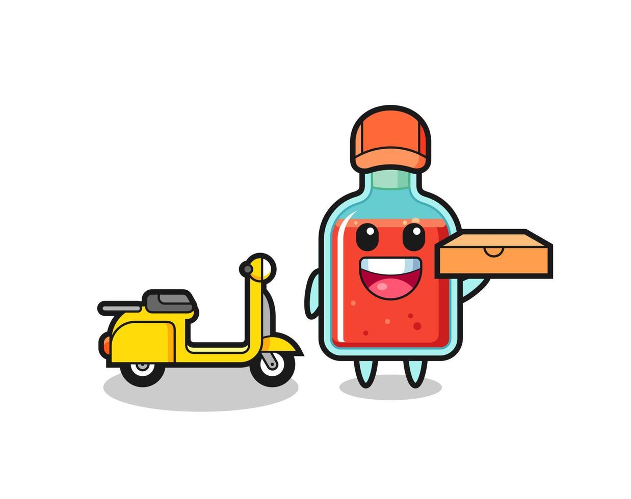 ilustración de personaje de botella cuadrada de veneno como repartidor de pizza vector