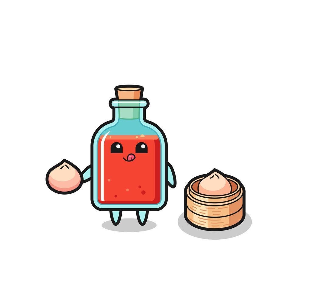 cute square poison bottle character eating steamed buns vector
