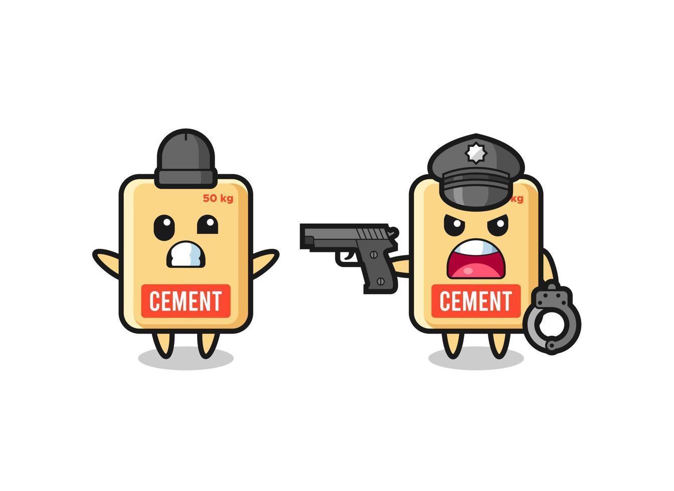 illustration of cement sack robber with hands up pose caught by police vector