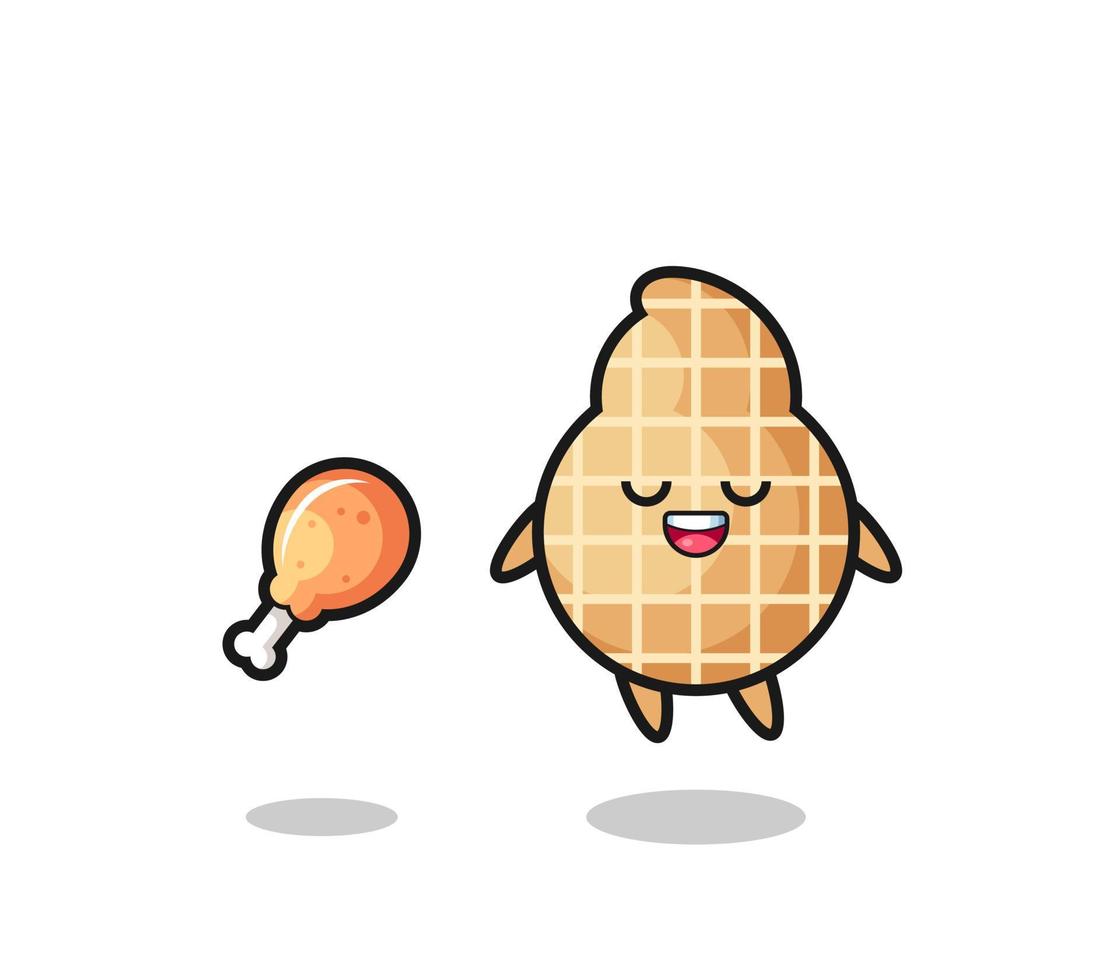 cute peanut floating and tempted because of fried chicken vector