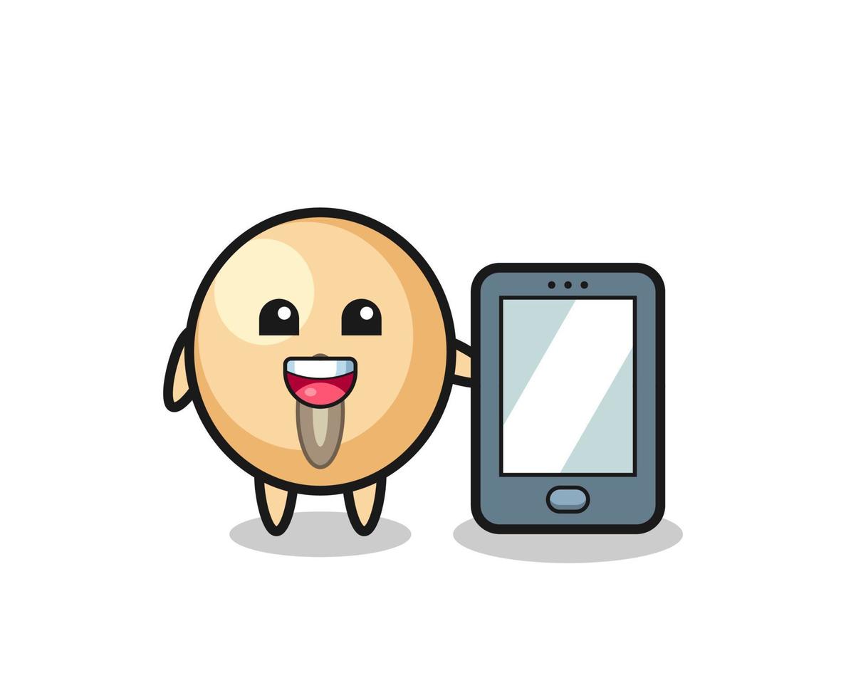 soy bean illustration cartoon holding a smartphone vector