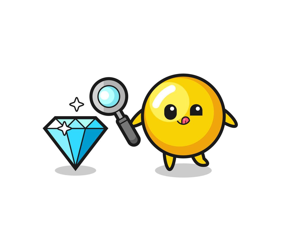 egg yolk mascot is checking the authenticity of a diamond vector