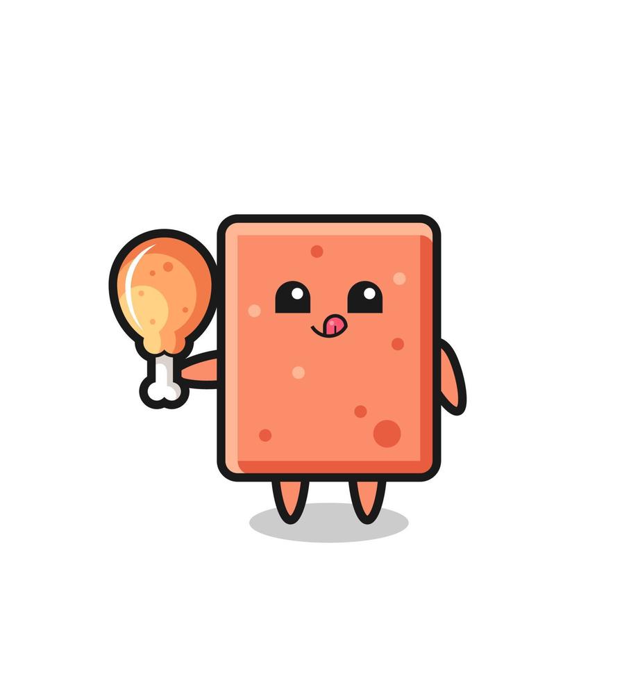 brick cute mascot is eating a fried chicken vector