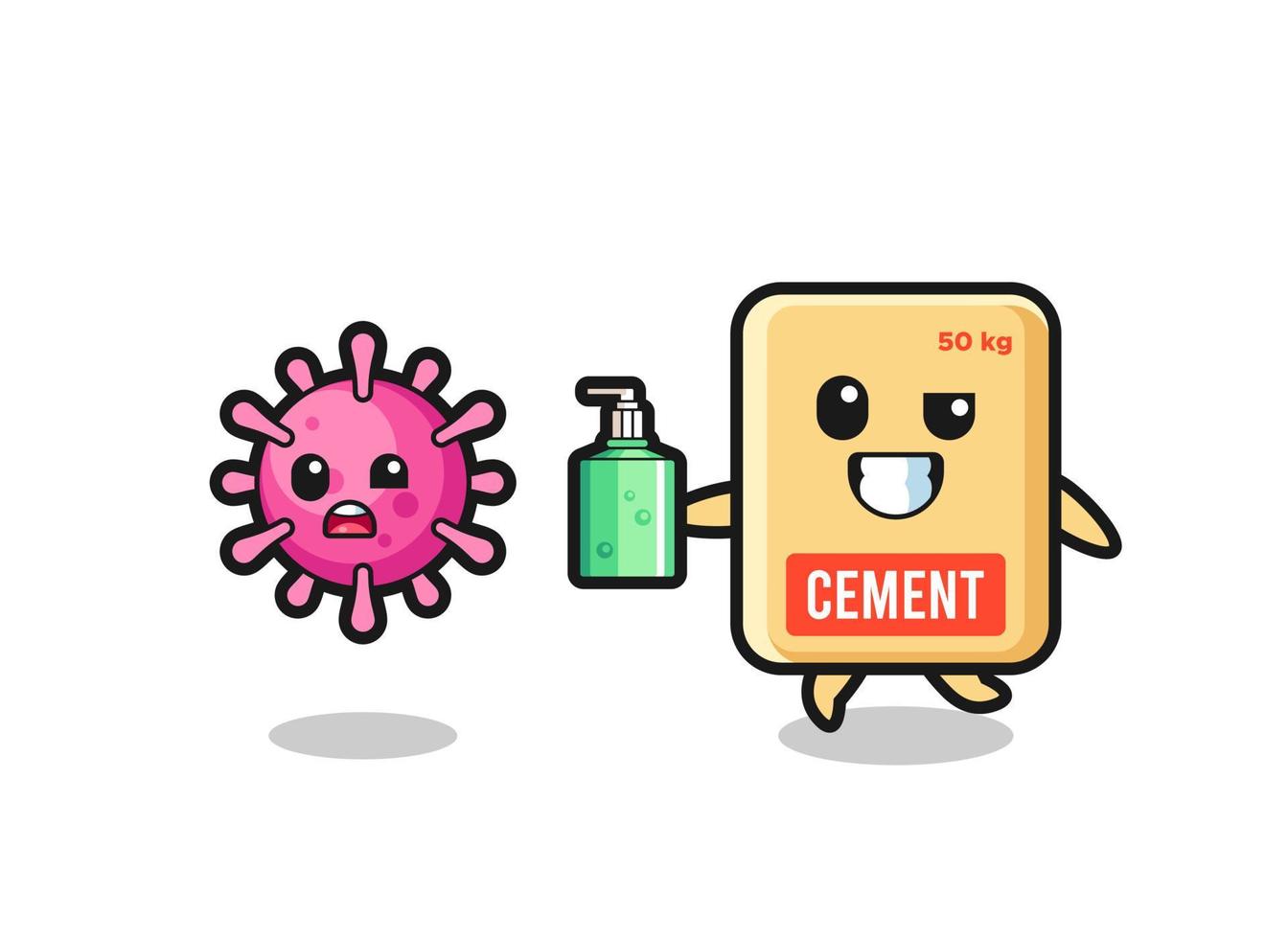 illustration of cement sack character chasing evil virus with hand sanitizer vector