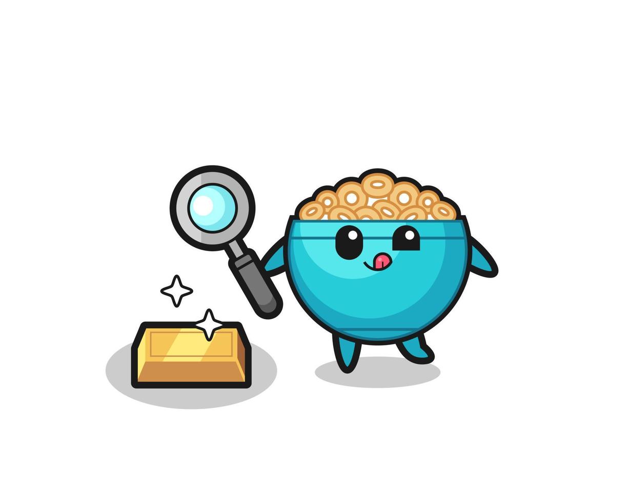 cereal bowl character is checking the authenticity of the gold bullion vector