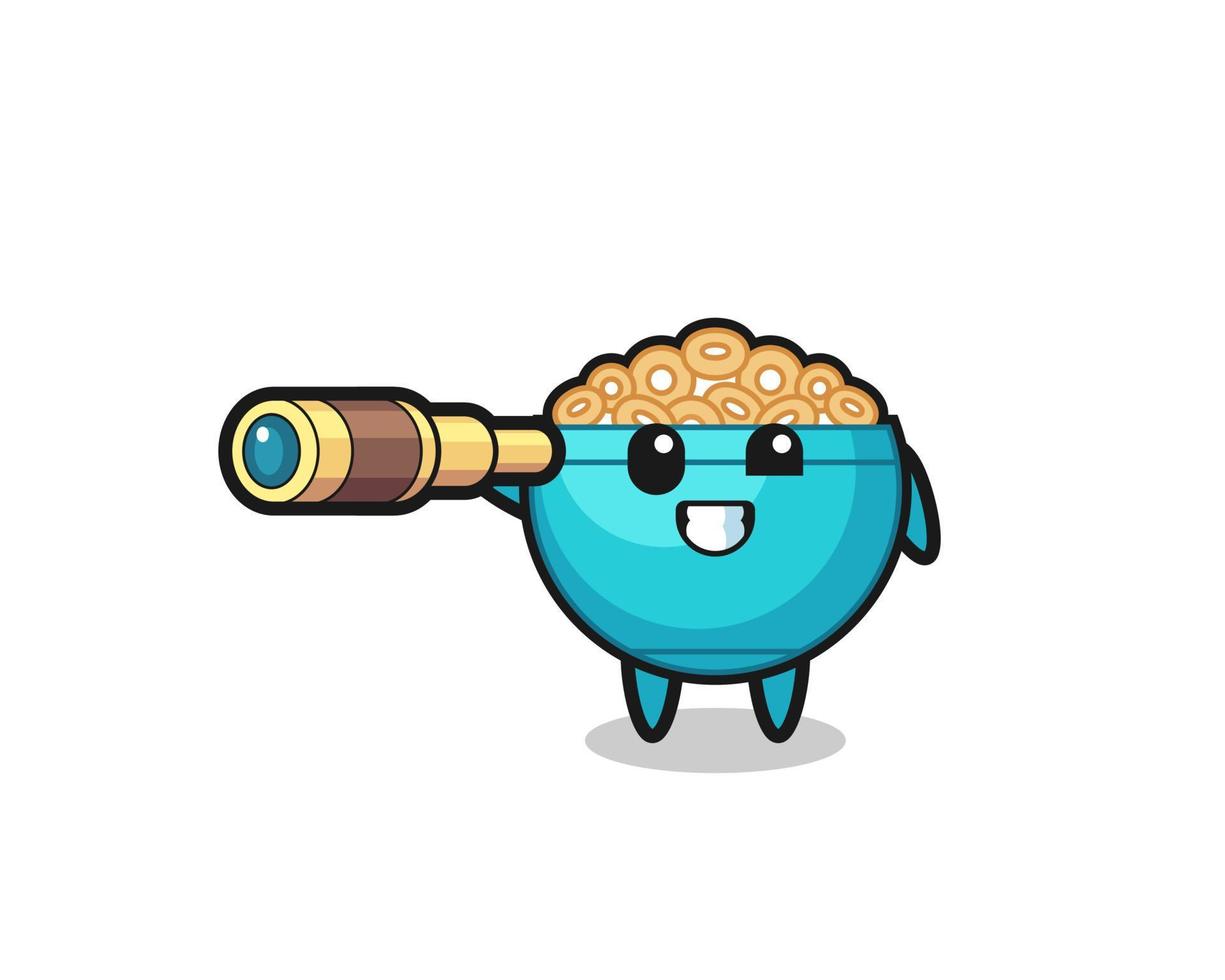 cute cereal bowl character is holding an old telescope vector