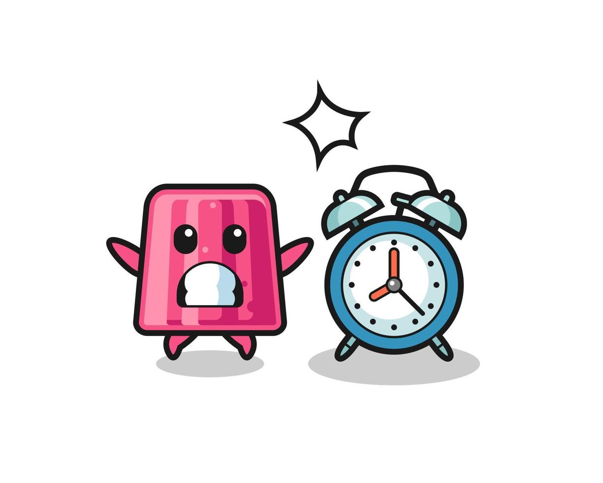 Cartoon Illustration of jelly is surprised with a giant alarm clock vector