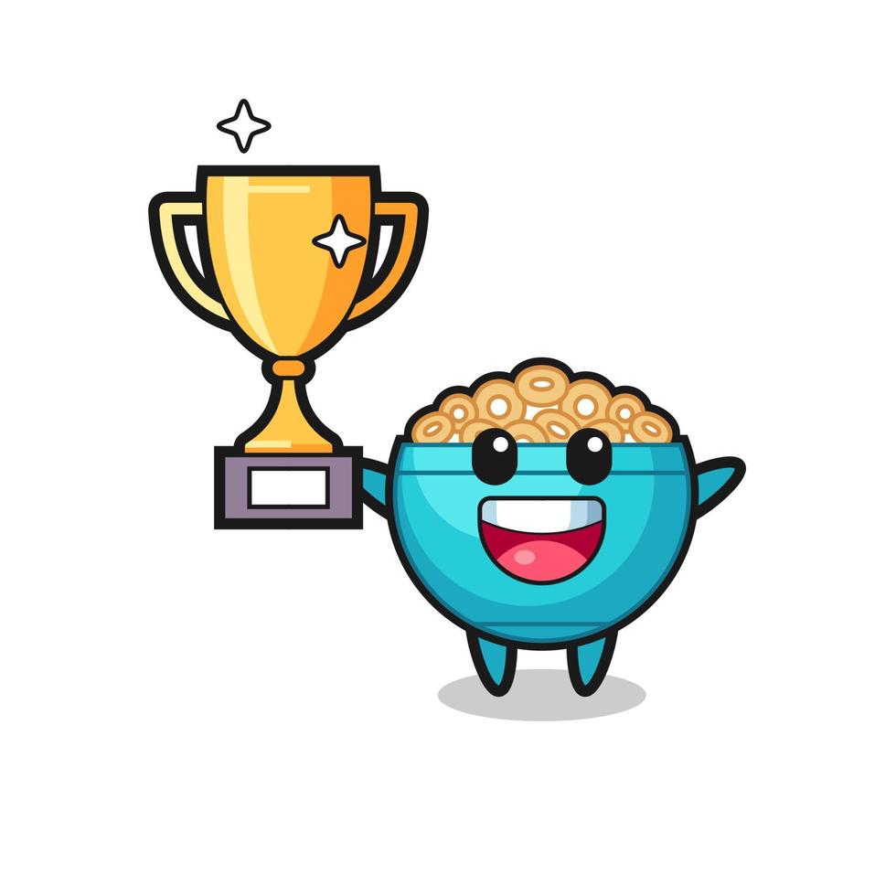 Cartoon Illustration of cereal bowl is happy holding up the golden trophy vector