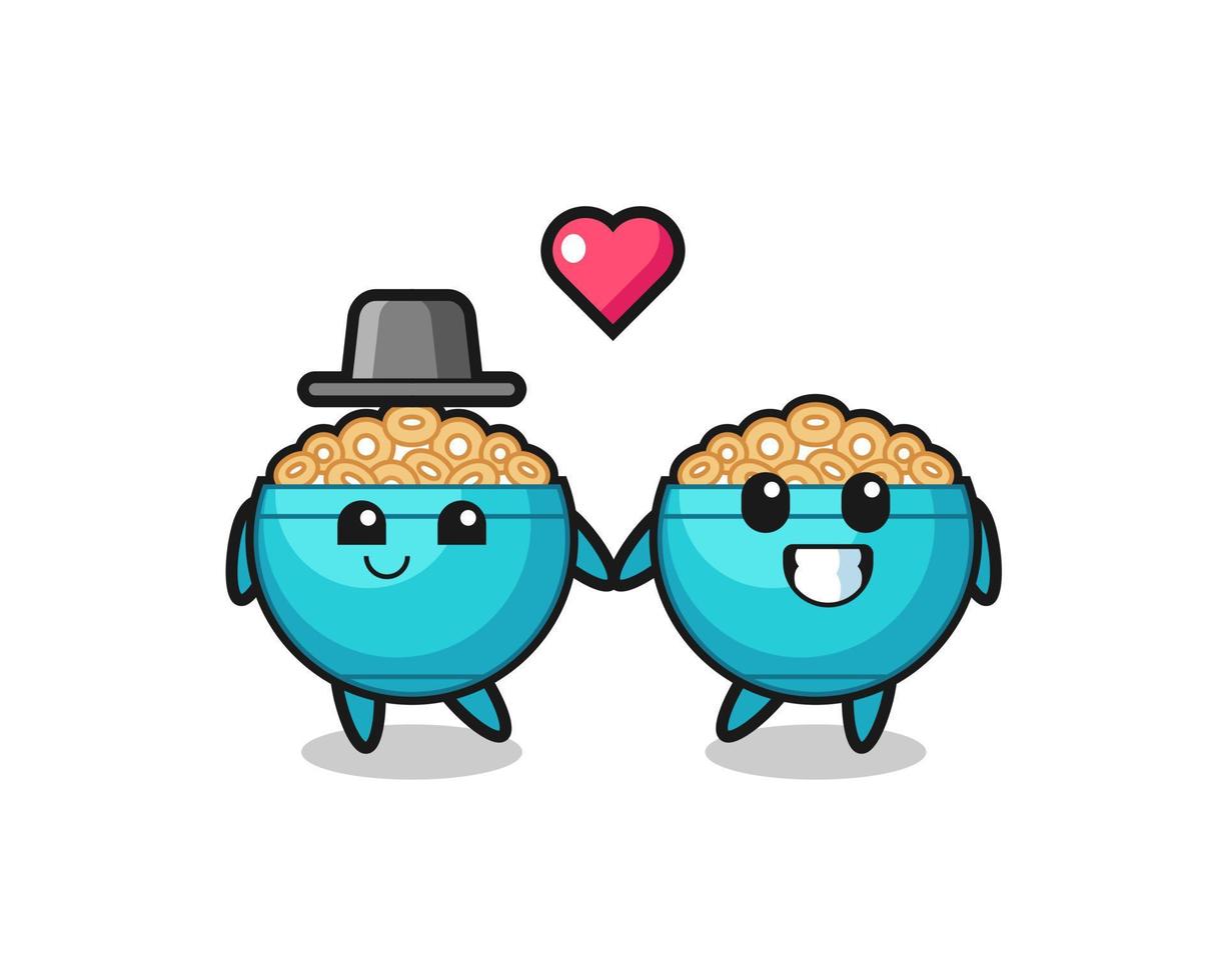 cereal bowl cartoon character couple with fall in love gesture vector